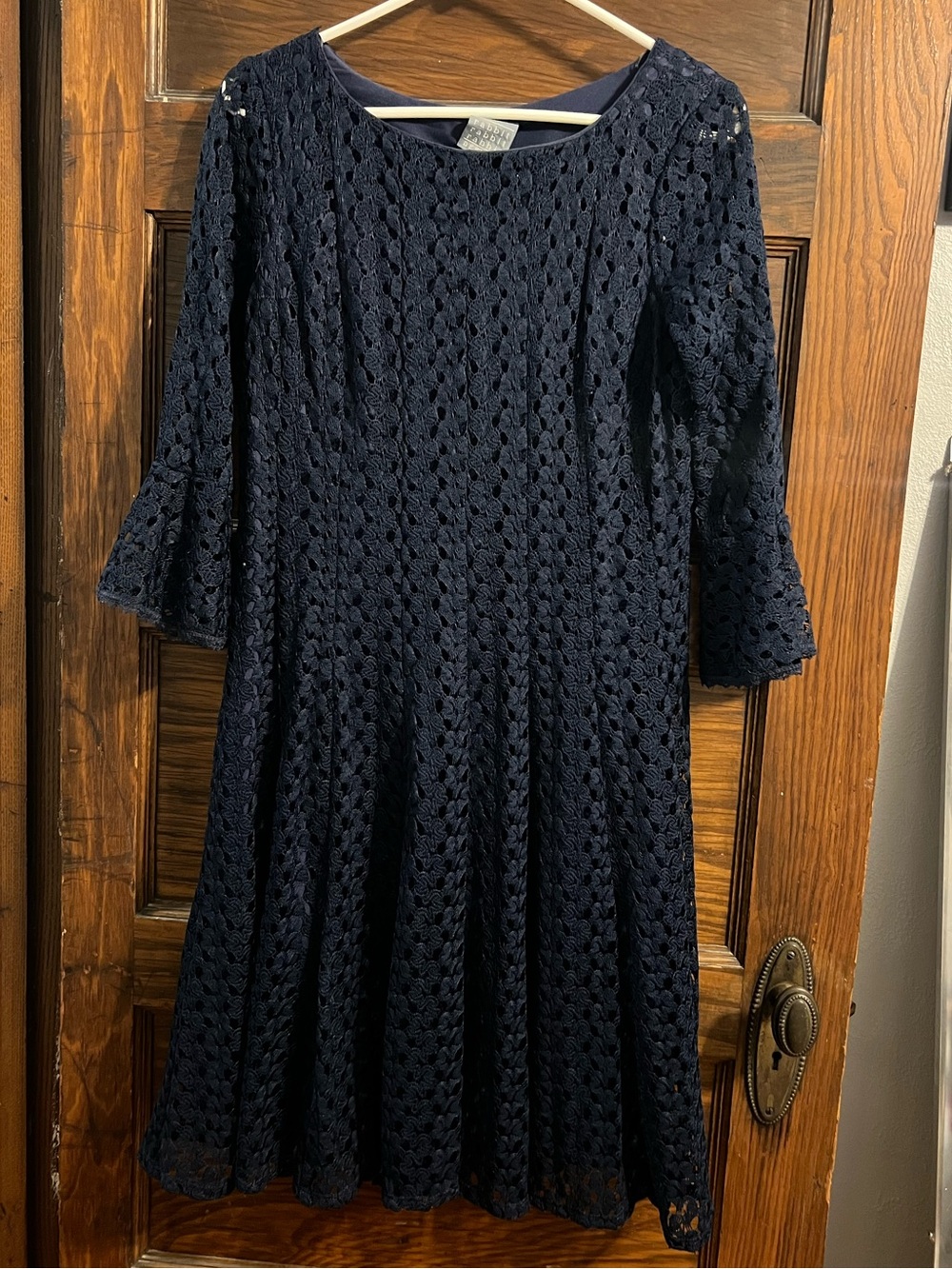 Navy Lace A-Line Dress with 3/4 Bell Sleeves